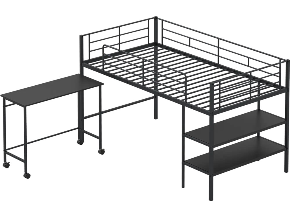 Twin size loft bed in black with rolling desk and bookshelf, perfect for studying and maximizing space.