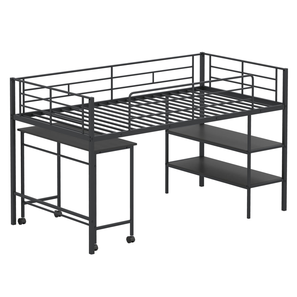 Twin size loft bed in black with rolling desk and bookshelf, featuring sturdy metal frame and under-bed storage space.