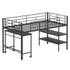 Twin size loft bed in black with rolling desk and bookshelf, featuring sturdy metal frame and under-bed storage space.