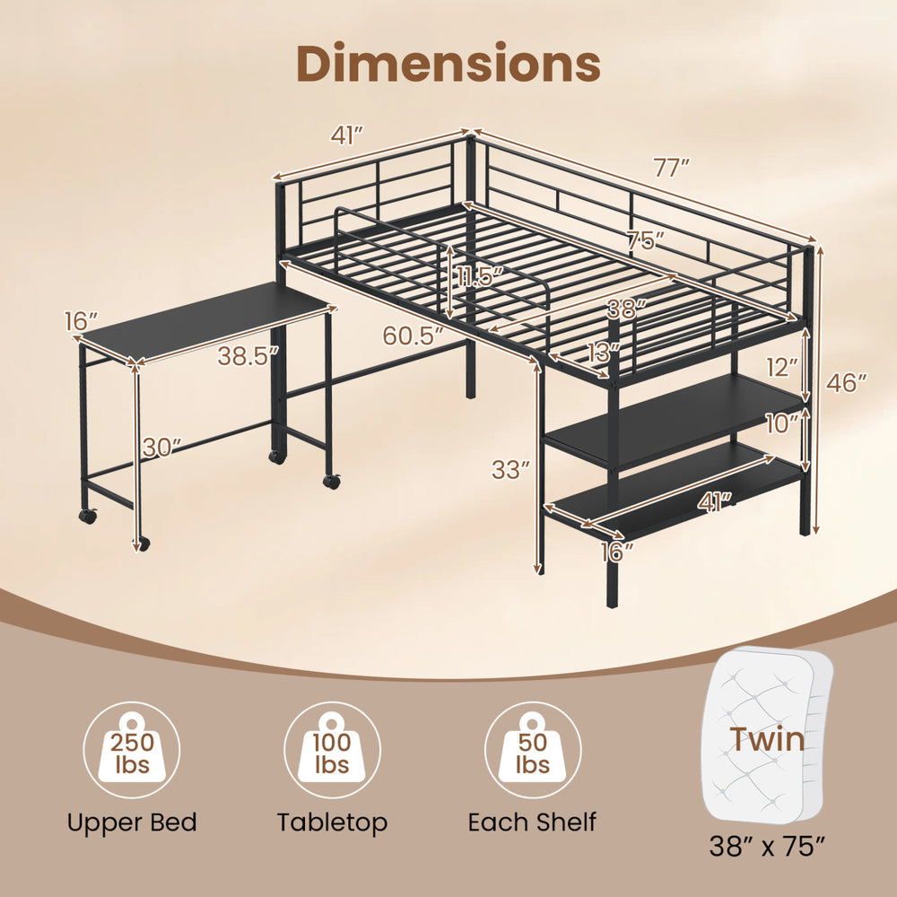 Twin size loft bed with rolling desk and bookshelf, featuring a sturdy black metal frame and integrated safety rail.