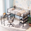 Twin size loft bed in black with rolling desk and bookshelf, perfect for studying and maximizing space in a bedroom.