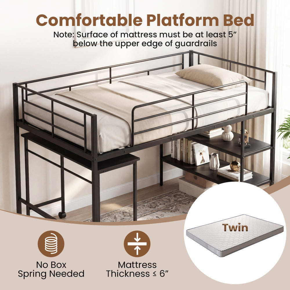 Twin size loft bed with rolling desk and bookshelf, sturdy black metal frame, perfect for studying and storage.