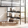 Twin size loft bed with built-in bookshelf and climbing ladder, featuring a sturdy black metal frame for safety and.