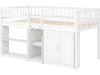 Twin size loft bed in white with LED lights, featuring bookshelves and wardrobe for kids' storage and organization.