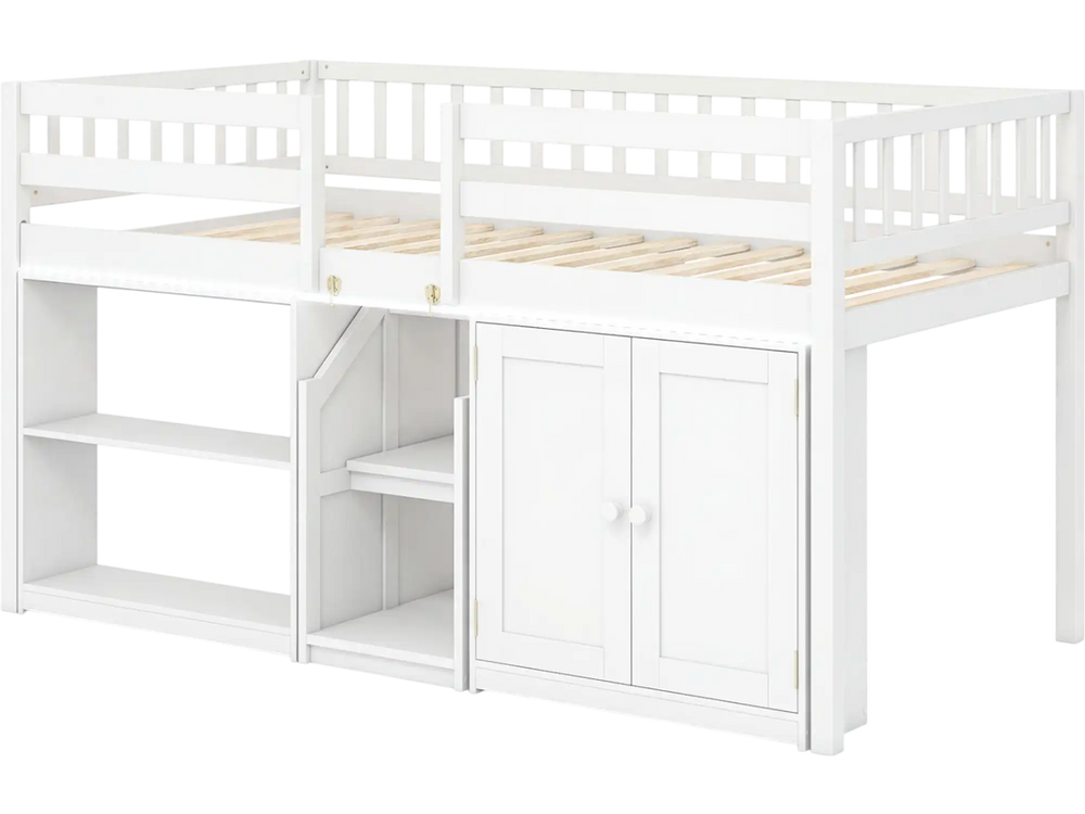 Twin size loft bed in white with LED lights, featuring bookshelves and wardrobe for kids' storage and organization.