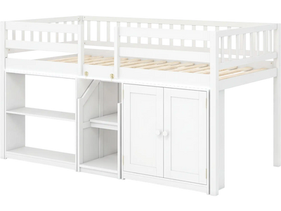 Costway Twin Low Loft Bed Kids Wooden Frame LED Lights 24169910 New