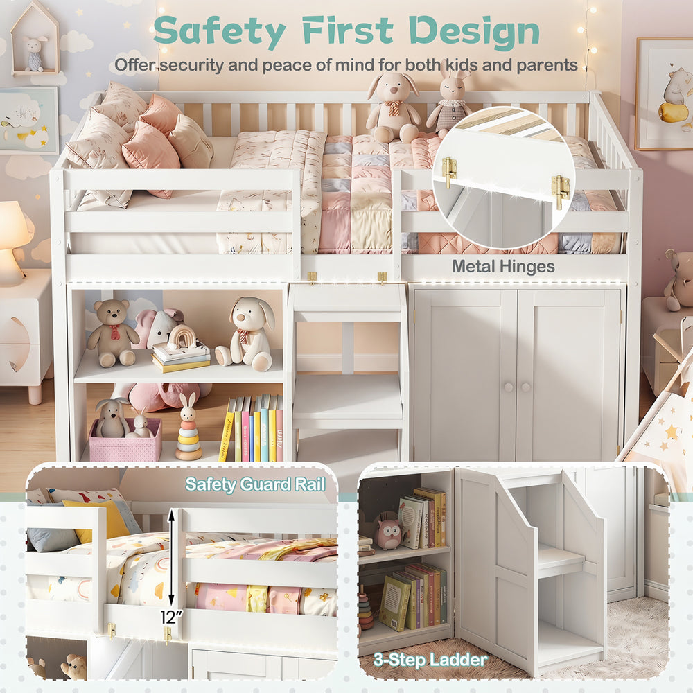 Twin size loft bed in white with LED lights, safety guard rails, and under-bed storage for kids' toys and books.
