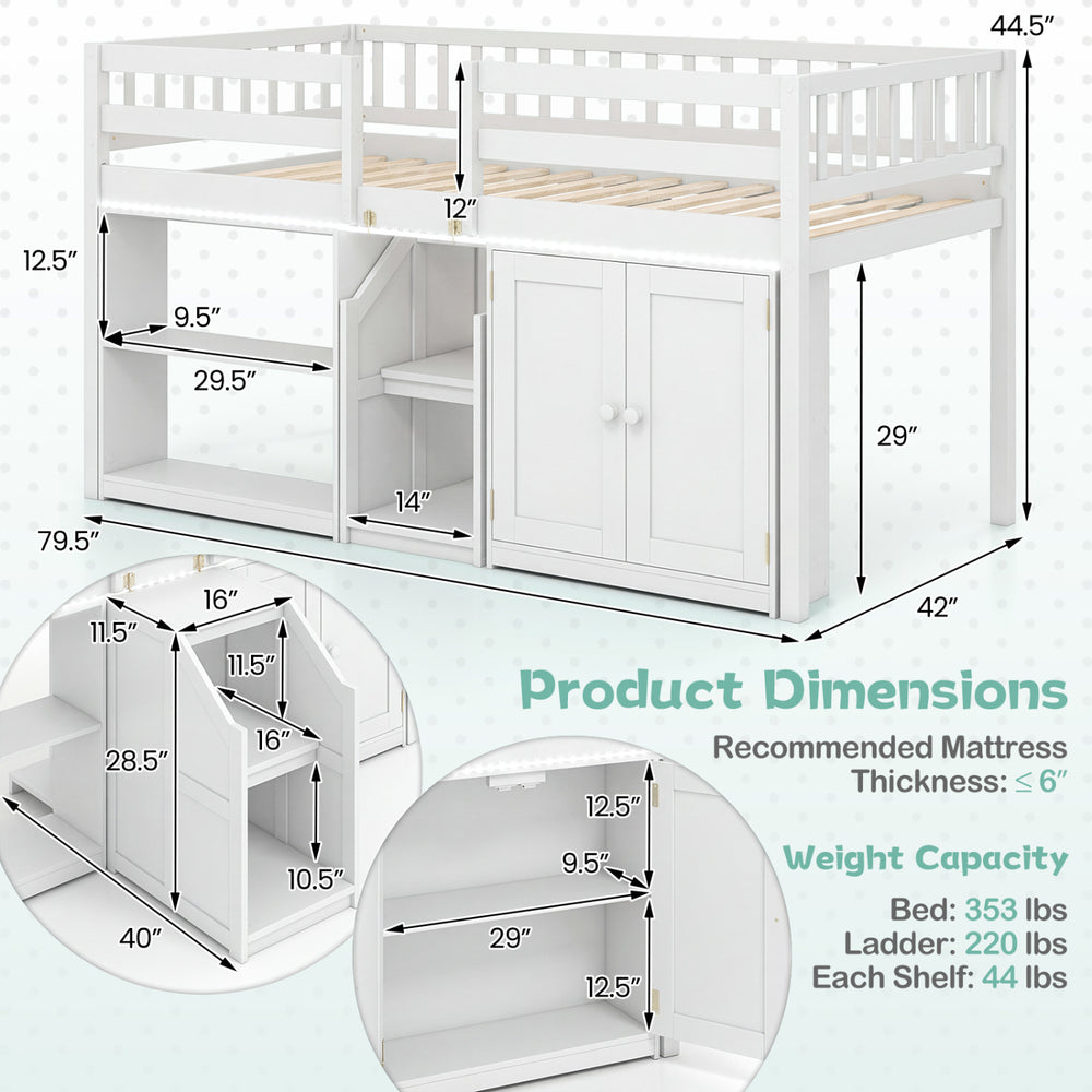 Twin size loft bed in white with LED lights, under-bed storage, bookshelves, and sturdy wooden frame for kids.