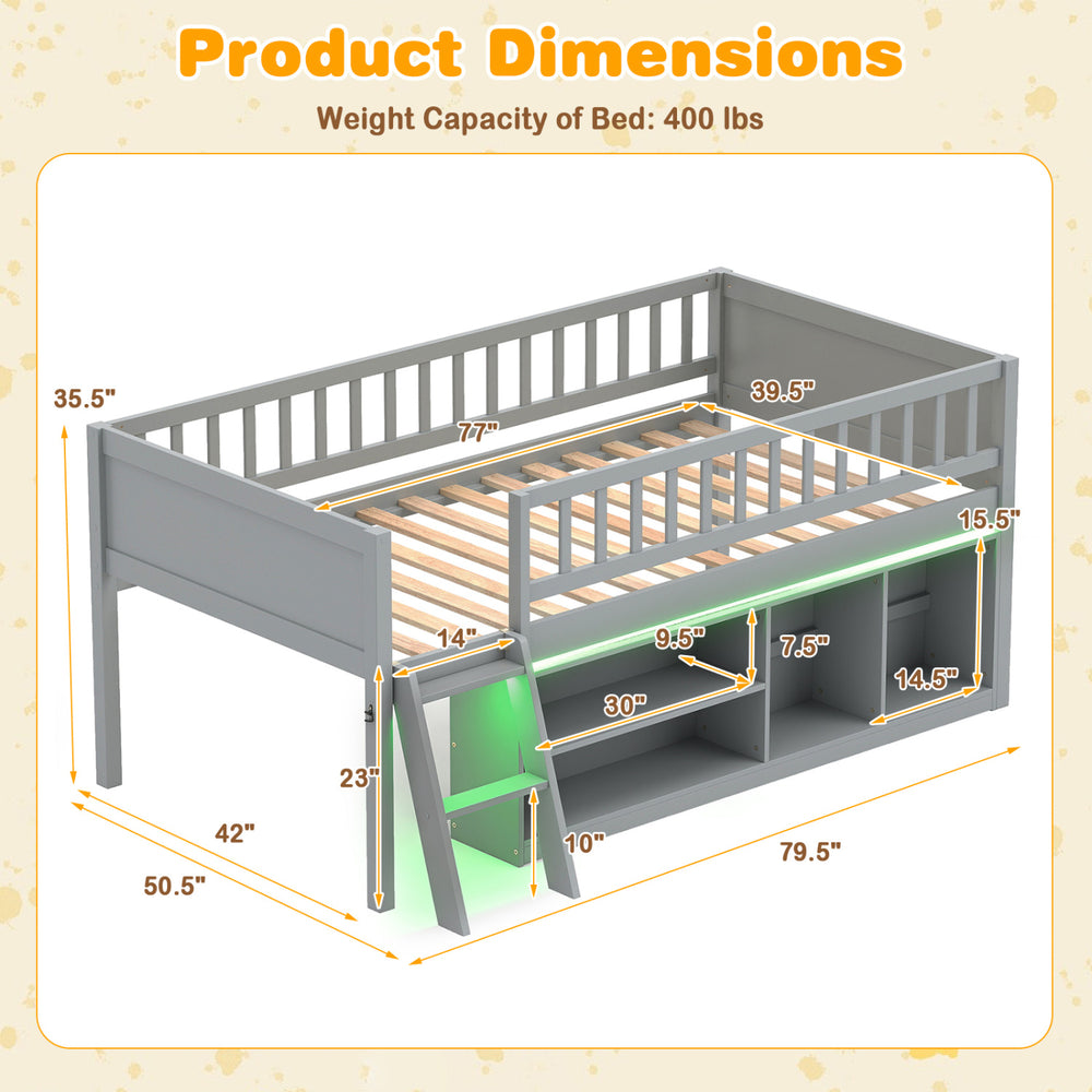 Twin size loft bed in gray with adjustable LED lights, bookshelves, and safety guardrails, ideal for kids' rooms.