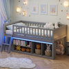 Twin size loft bed in gray with adjustable LED lights, guardrails, and side bookshelves for kids' organization.