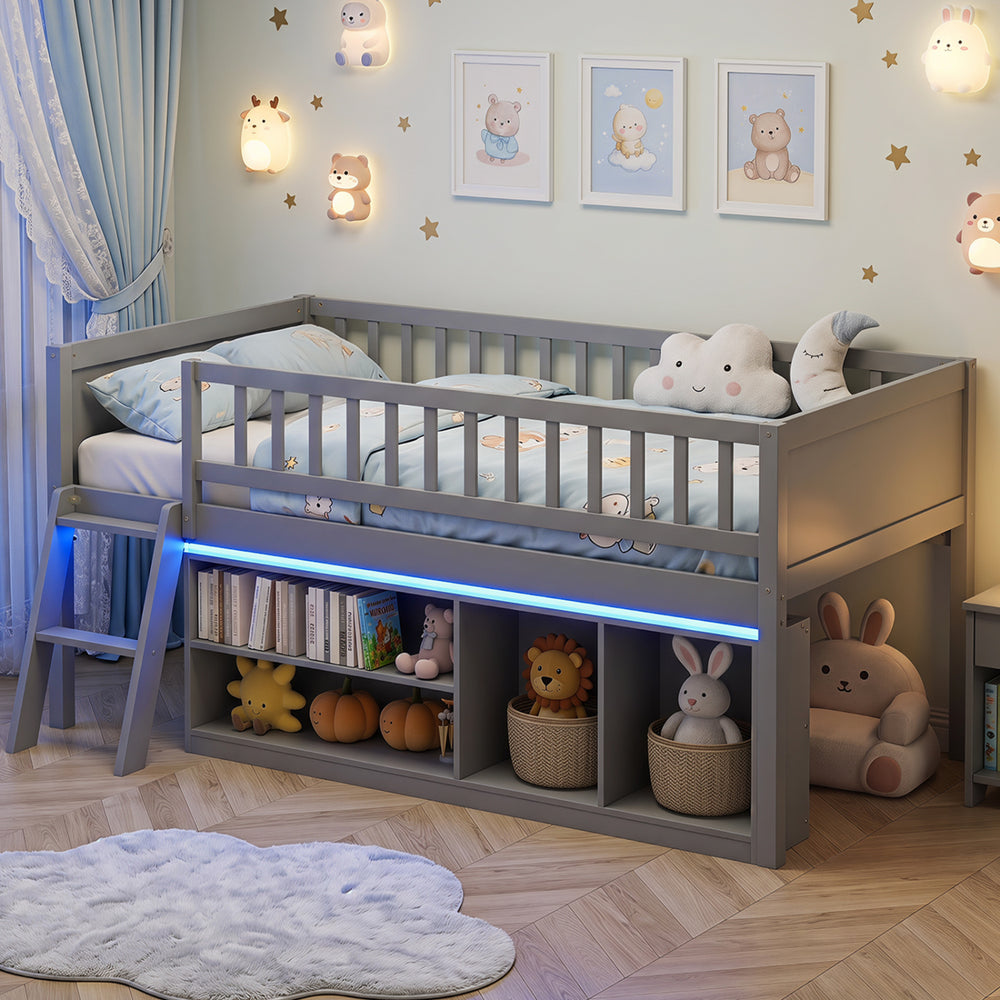 Twin size loft bed in gray with adjustable LED lights, guardrails, and side bookshelves for kids' organization.