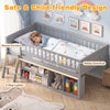 Twin size gray loft bed with guardrails, adjustable LED lights, and side bookshelves for kids' organization and safety.