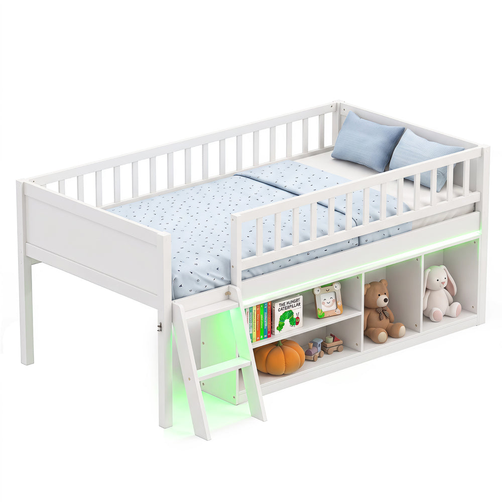 Twin Size Loft Bed with Adjustable LED Lights & Bookshelves and Guardrails for Kids-White - Gallery View 1 of 2