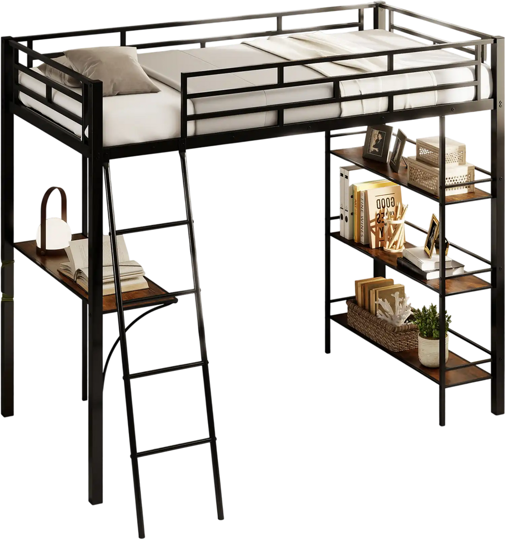 Twin size black loft bed with integrated desk and shelves, featuring a sturdy metal frame and ample under-bed storage.