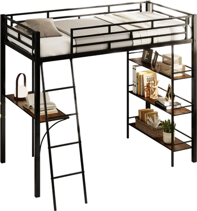 Costway Twin Loft Bed with Desk & Shelves Black 582416793 New