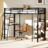 Twin size loft bed in black with integrated desk and shelves, ideal for kids' rooms or small spaces.