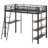 Twin size black loft bed with integrated desk, shelves, and sturdy metal frame for kids' rooms or small spaces.