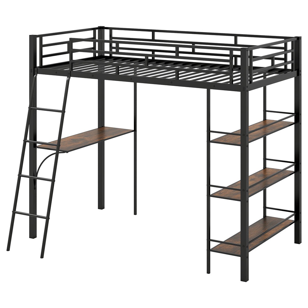 Twin size black loft bed with integrated desk, shelves, and sturdy metal frame for kids' rooms or small spaces.