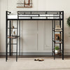 Twin size black loft bed with integrated desk and 3-tier shelves, perfect for kids' rooms or small spaces.