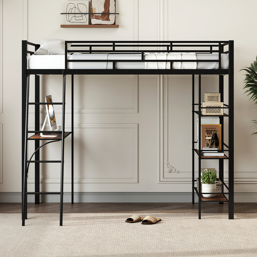 Twin size black loft bed with integrated desk and 3-tier shelves, perfect for kids' rooms or small spaces.