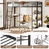 Twin size loft bed in black with integrated desk, shelves, and sturdy metal frame for kids' rooms or small spaces.