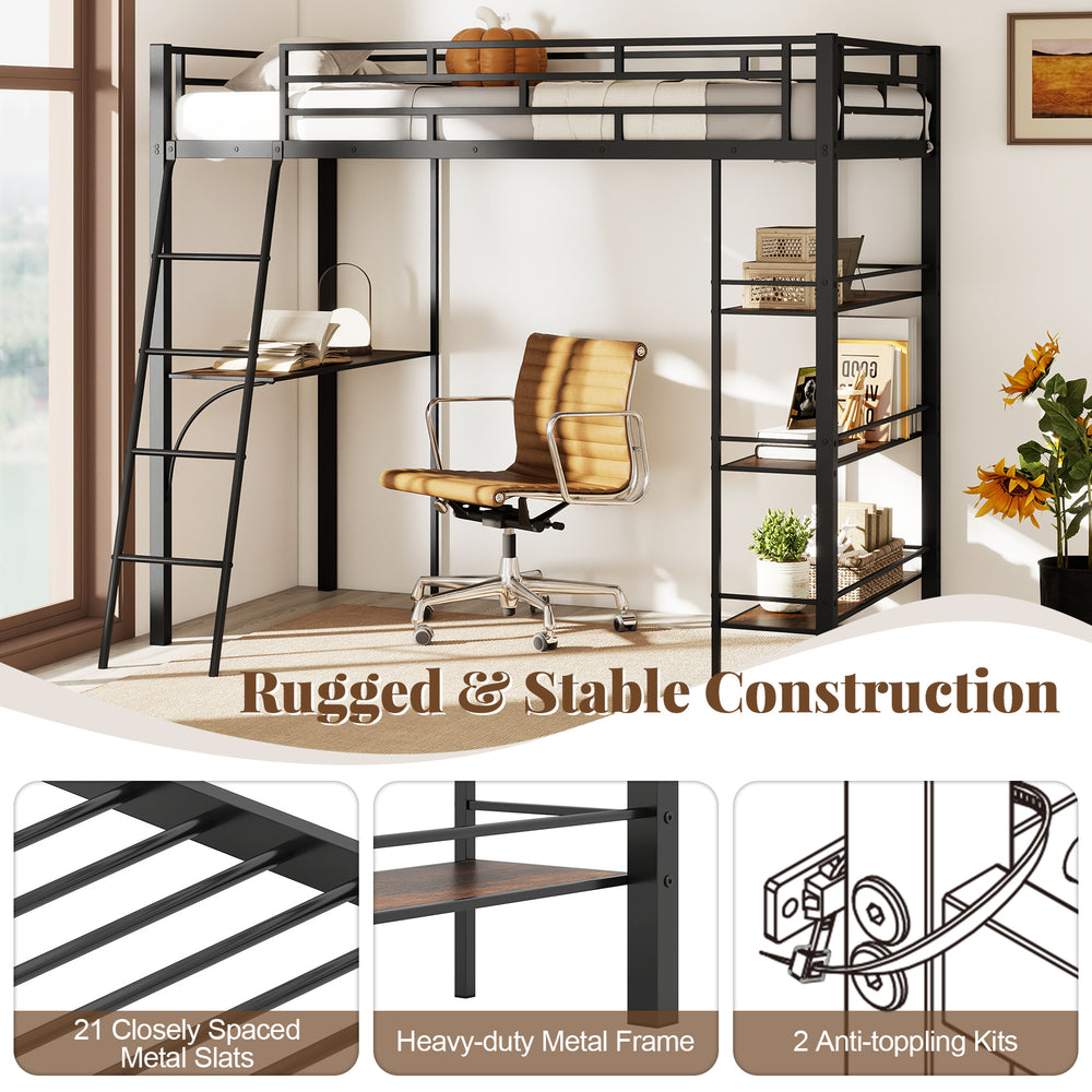 Twin size loft bed in black with integrated desk, shelves, and sturdy metal frame for kids' rooms or small spaces.