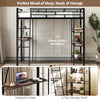 Twin size loft bed in black with integrated desk and 3-tier storage shelf, ideal for kids' rooms and space-saving.