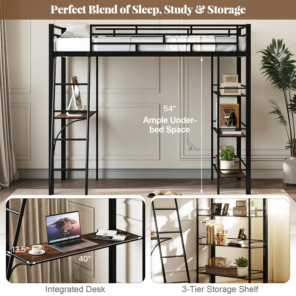 Twin size loft bed in black with integrated desk and 3-tier storage shelf, ideal for kids' rooms and space-saving.