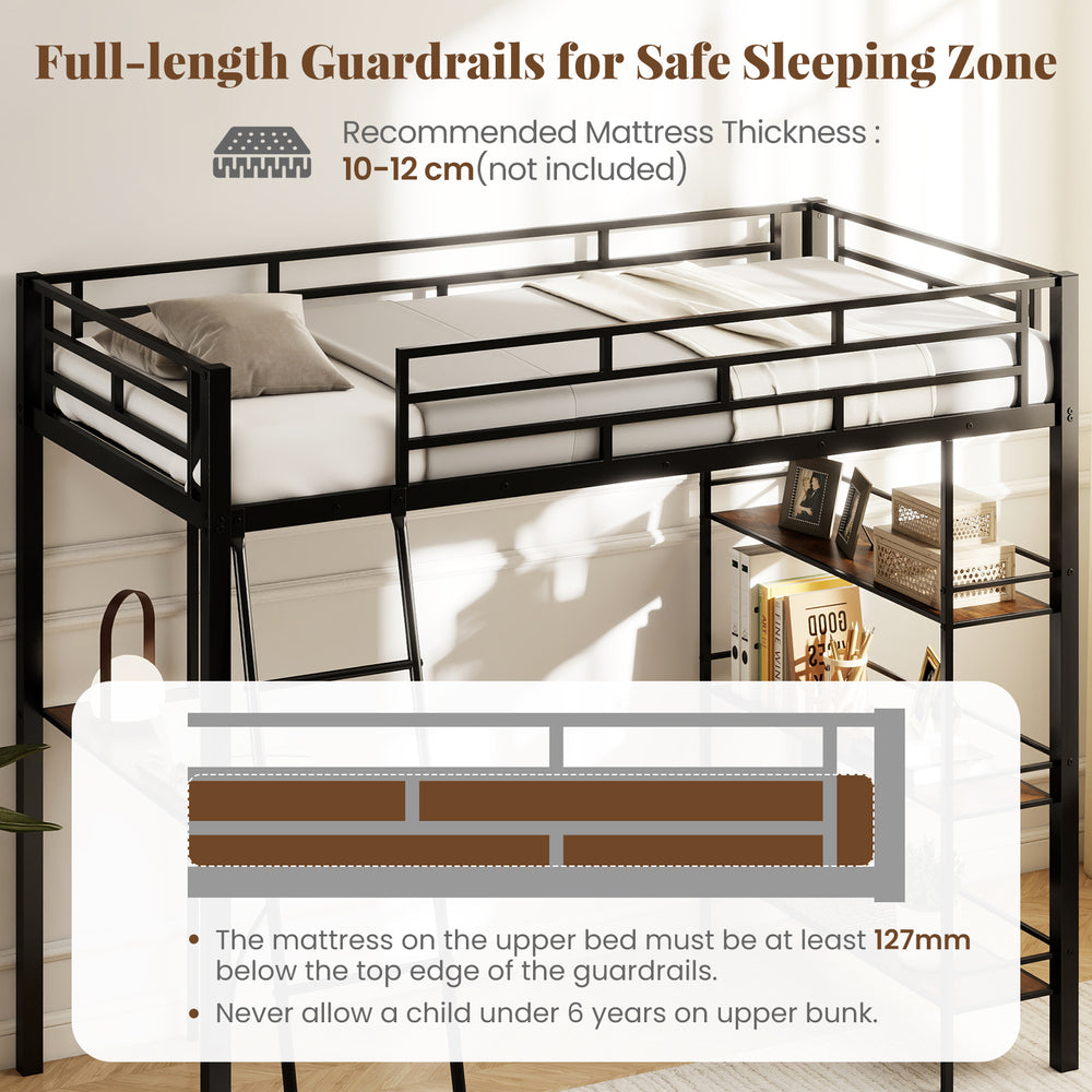Twin size loft bed in black with integrated desk, shelves, and full-length guardrails for safe sleeping in kids' rooms.