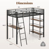 Twin size loft bed in black with integrated desk and shelves, featuring sturdy metal frame and ample under-bed storage.