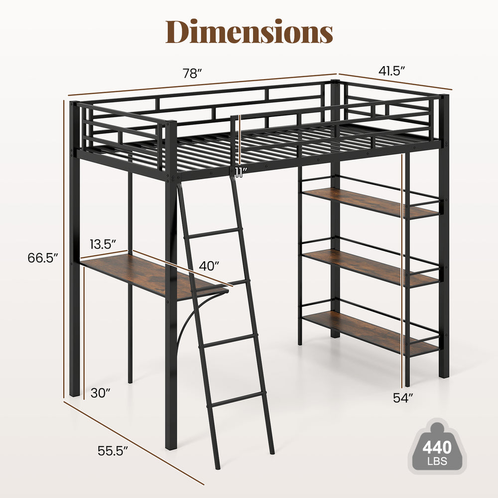 Twin size loft bed in black with integrated desk and shelves, featuring sturdy metal frame and ample under-bed storage.