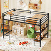 Twin size low loft bed in black with integrated storage shelves and sturdy ladder, perfect for kids' rooms.