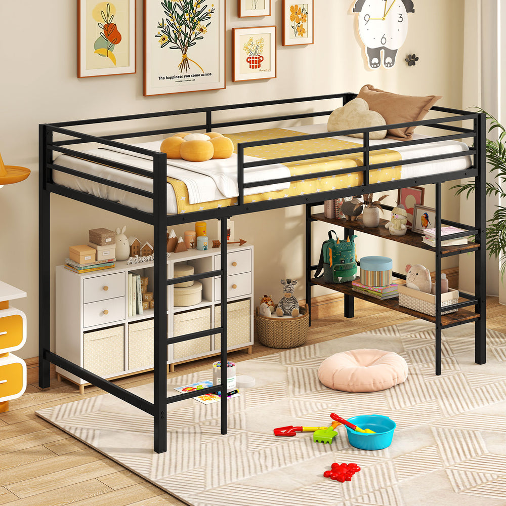 Twin size low loft bed in black metal with integrated storage shelves and sturdy ladder, ideal for kids' rooms.