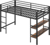 Twin size low loft bed in black metal with integrated storage shelves and sturdy ladder for kids' rooms.