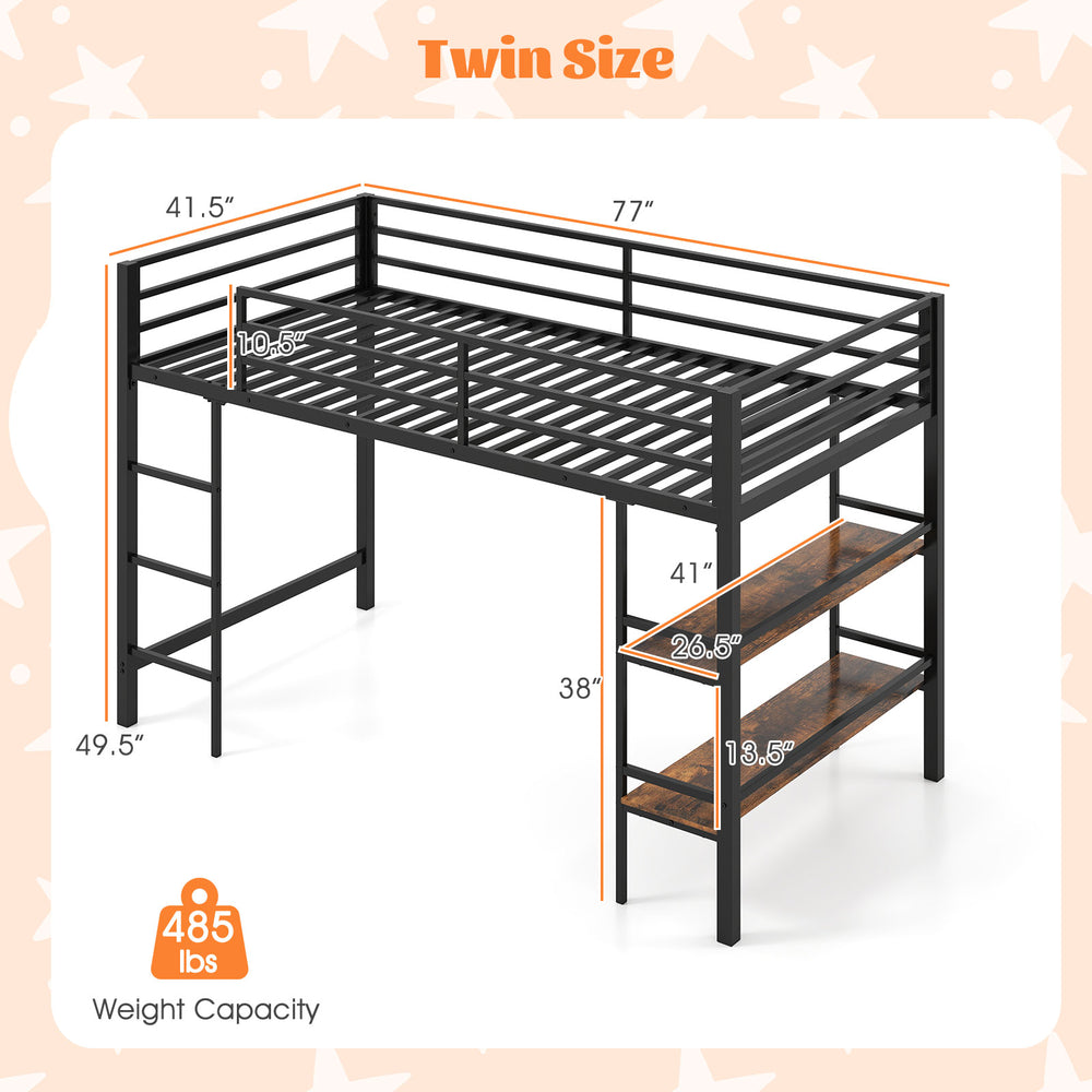 Twin size low loft bed in black with a sturdy metal frame and non-slip foot pads, designed for safety and stability.