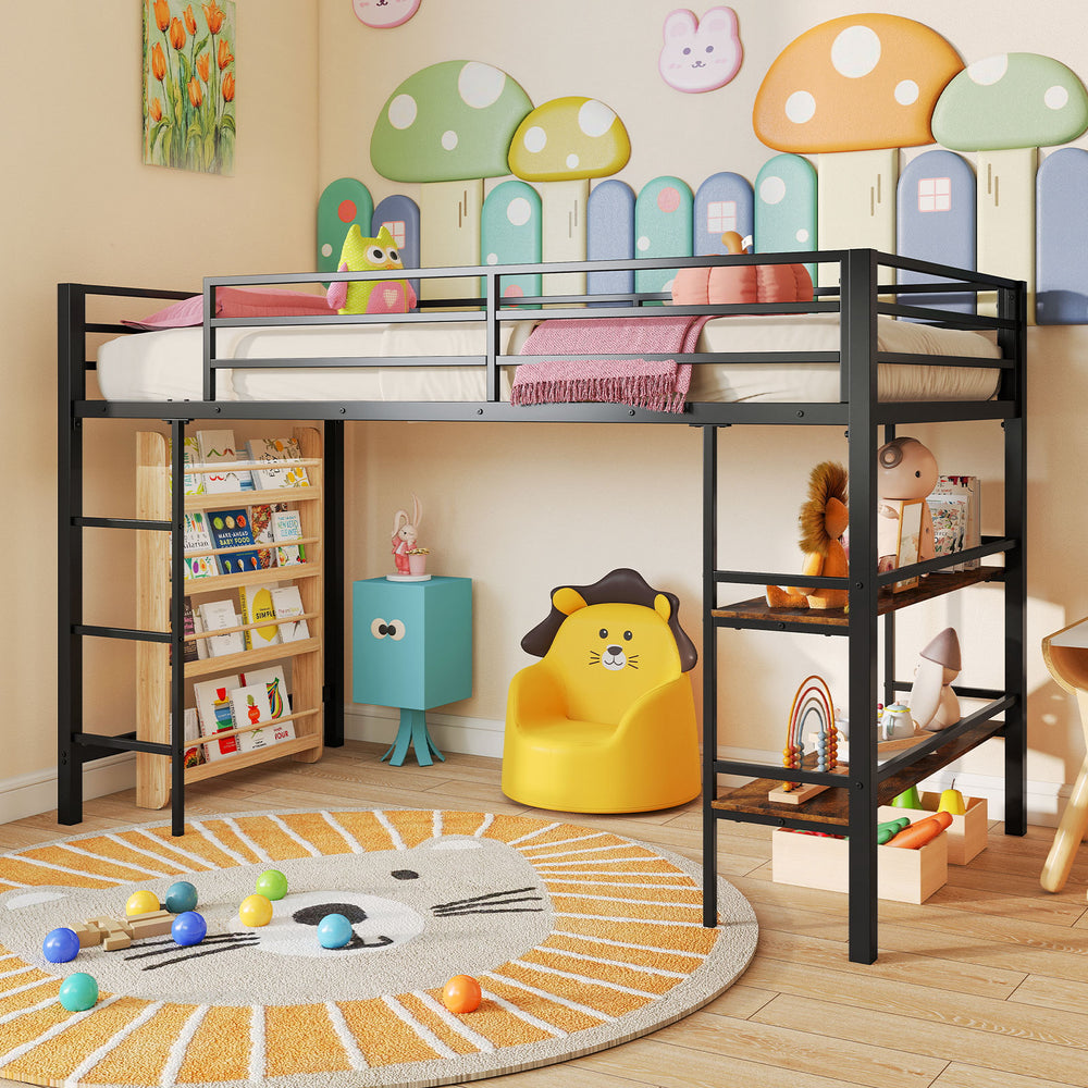 Low loft bed in black metal featuring a sturdy ladder and ample under-bed space for play and storage in kids' rooms.