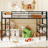 Twin size low loft bed in black with integrated storage shelves, ideal for maximizing space in kids' rooms.