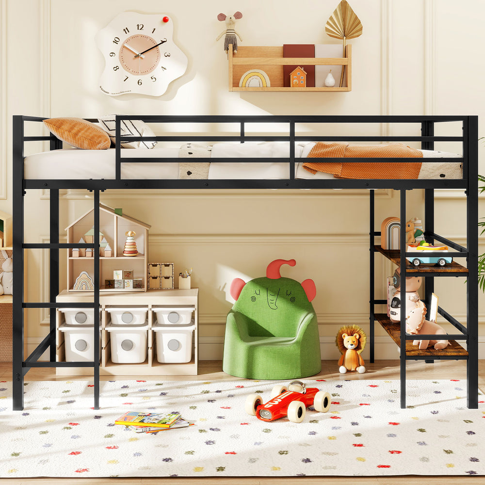 Twin size low loft bed in black with integrated storage shelves, ideal for maximizing space in kids' rooms.