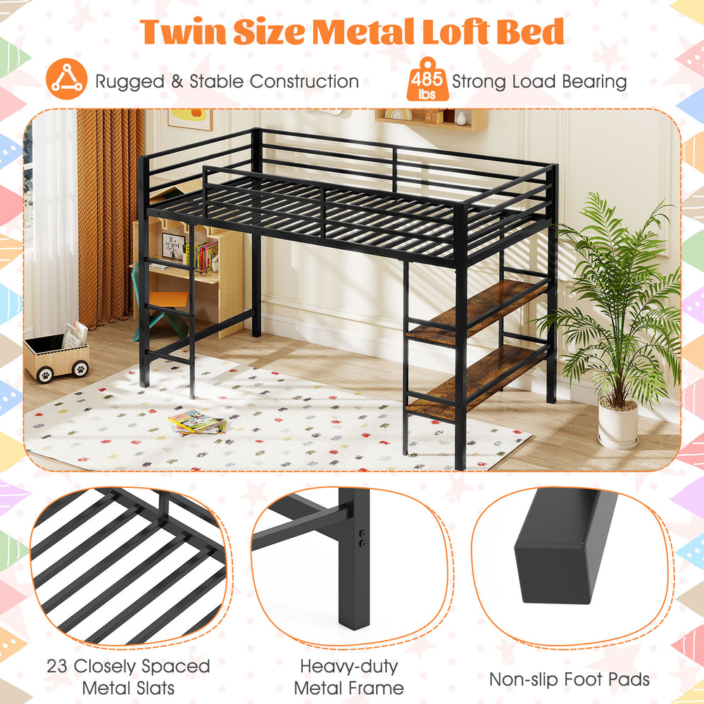 Twin size low loft bed in black metal with integrated storage shelves and sturdy ladder, perfect for kids' rooms.