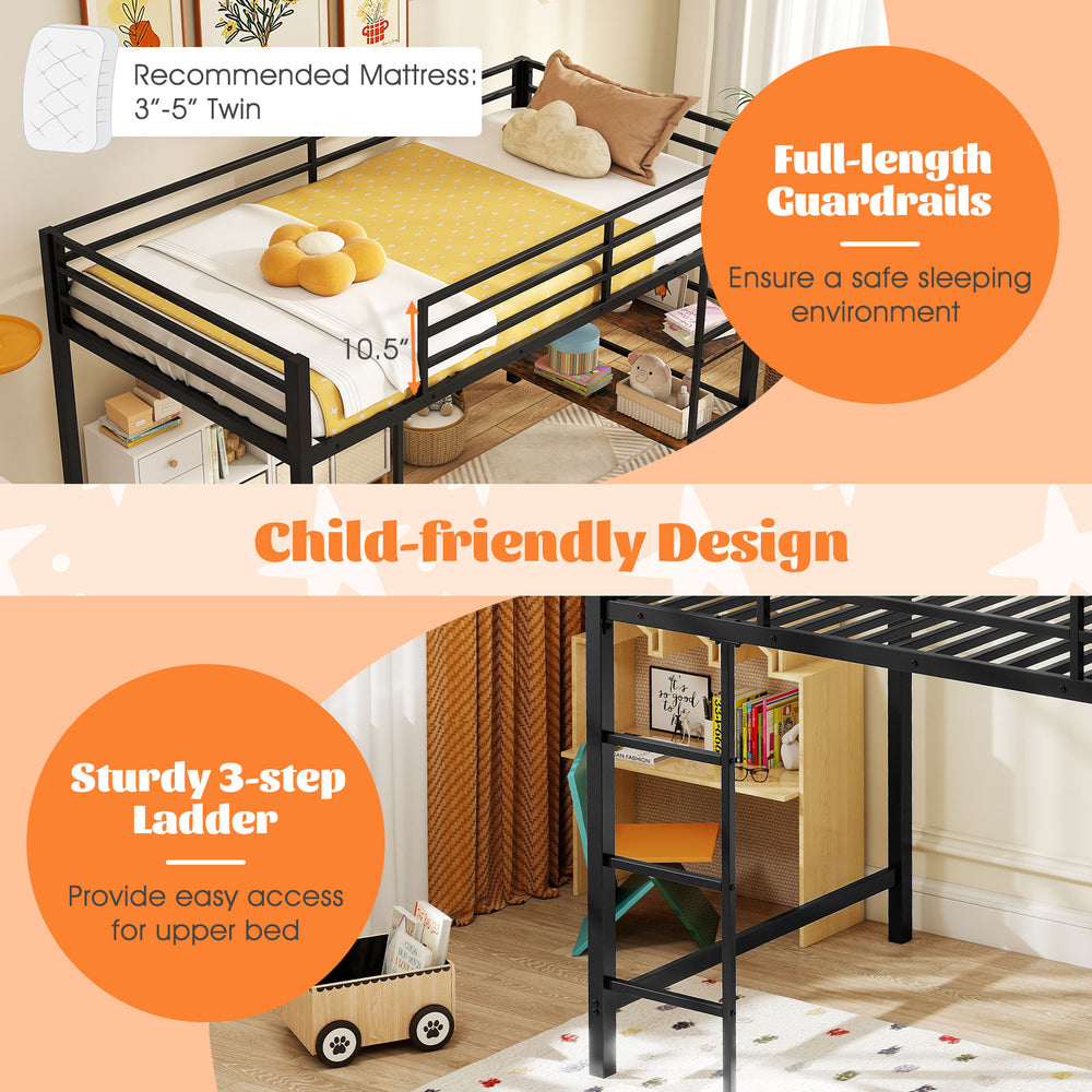 Twin size low loft bed in black with full-length guardrails and sturdy 3-step ladder, ideal for kids' rooms.
