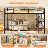 Twin size low loft bed in black with integrated storage shelves and ample under-bed space for relaxation and play.