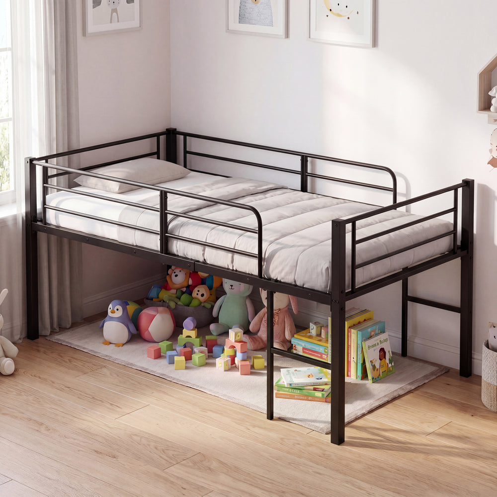 Twin Size Low Loft Bed with Safety Guardrails and 2 Ladders-Black - Gallery View 1 of 10