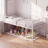 Twin size low loft bed in white featuring a sturdy frame with anti-slip foot pads and safety guardrails for secure.