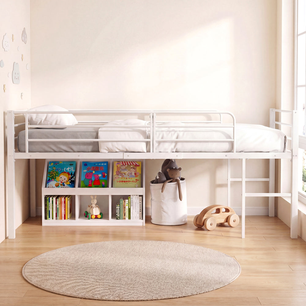 Twin size low loft bed in white with safety guardrails, two ladders, and ample under-bed storage for kids' rooms.