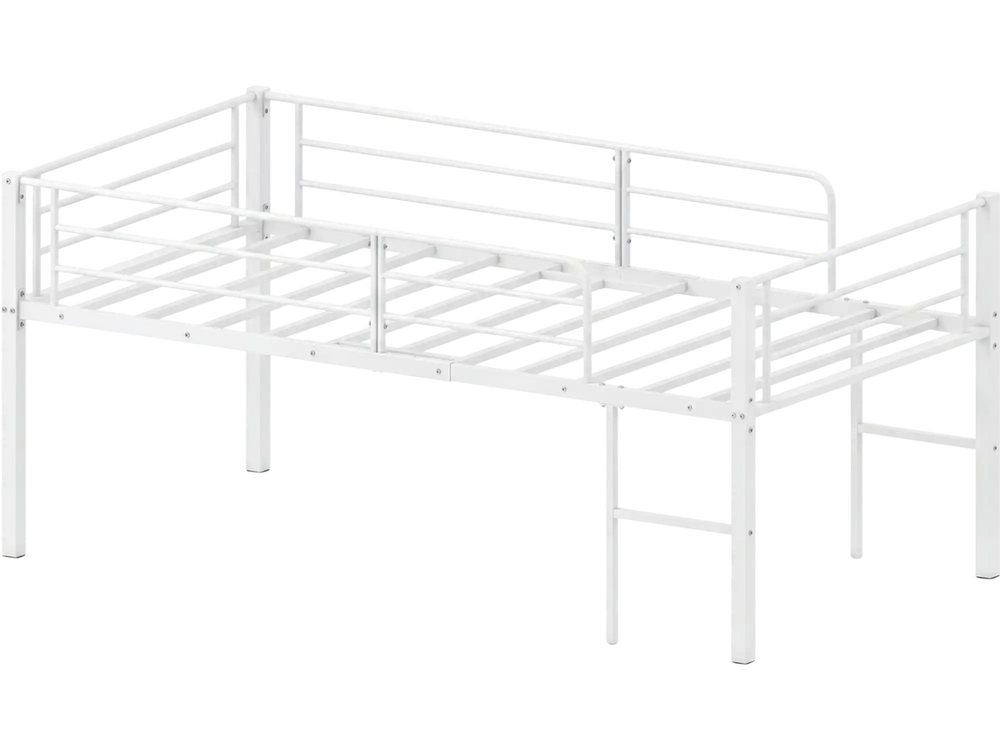 Twin size low loft bed in white with safety guardrails, two ladders, and ample under-bed space for storage and play.