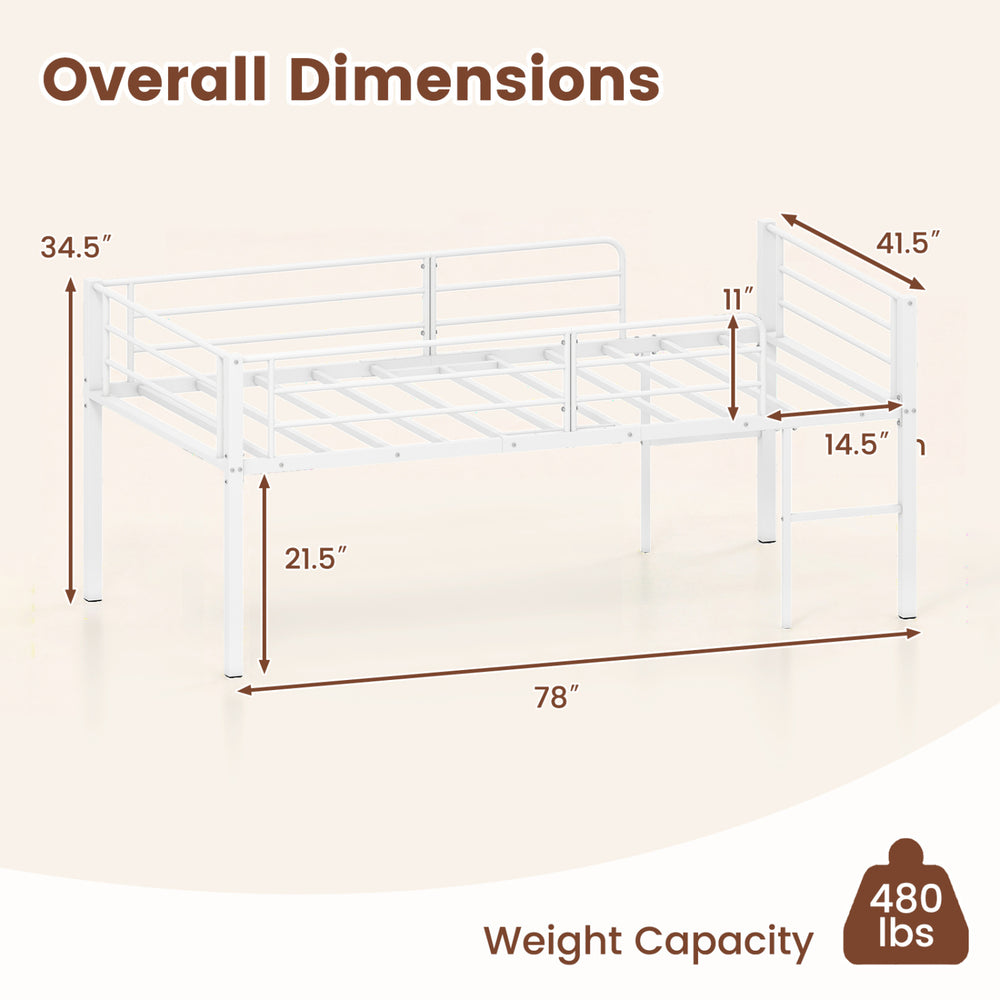 Twin size low loft bed in white with safety guardrails, dimensions 78"x41.5"x34.5", ideal for kids' rooms and storage.