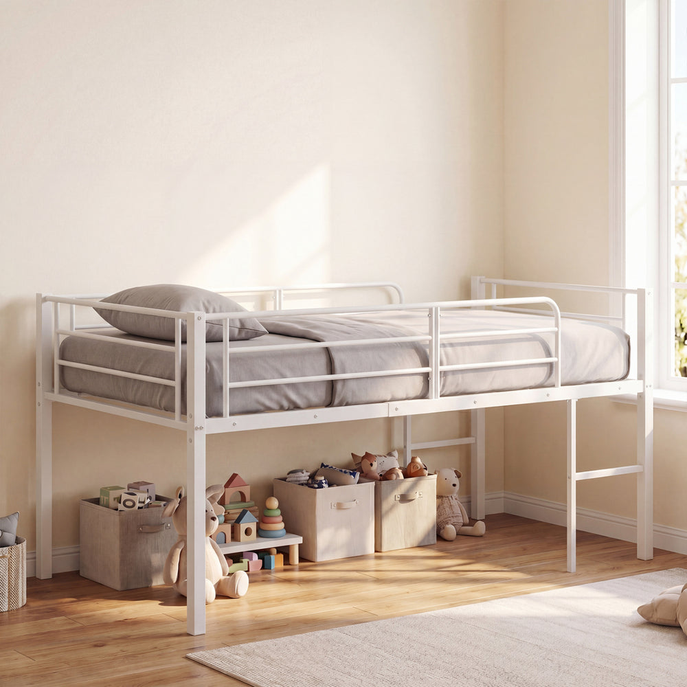 Twin size low loft bed in white with safety guardrails, two ladders, and ample under-bed storage space for kids.