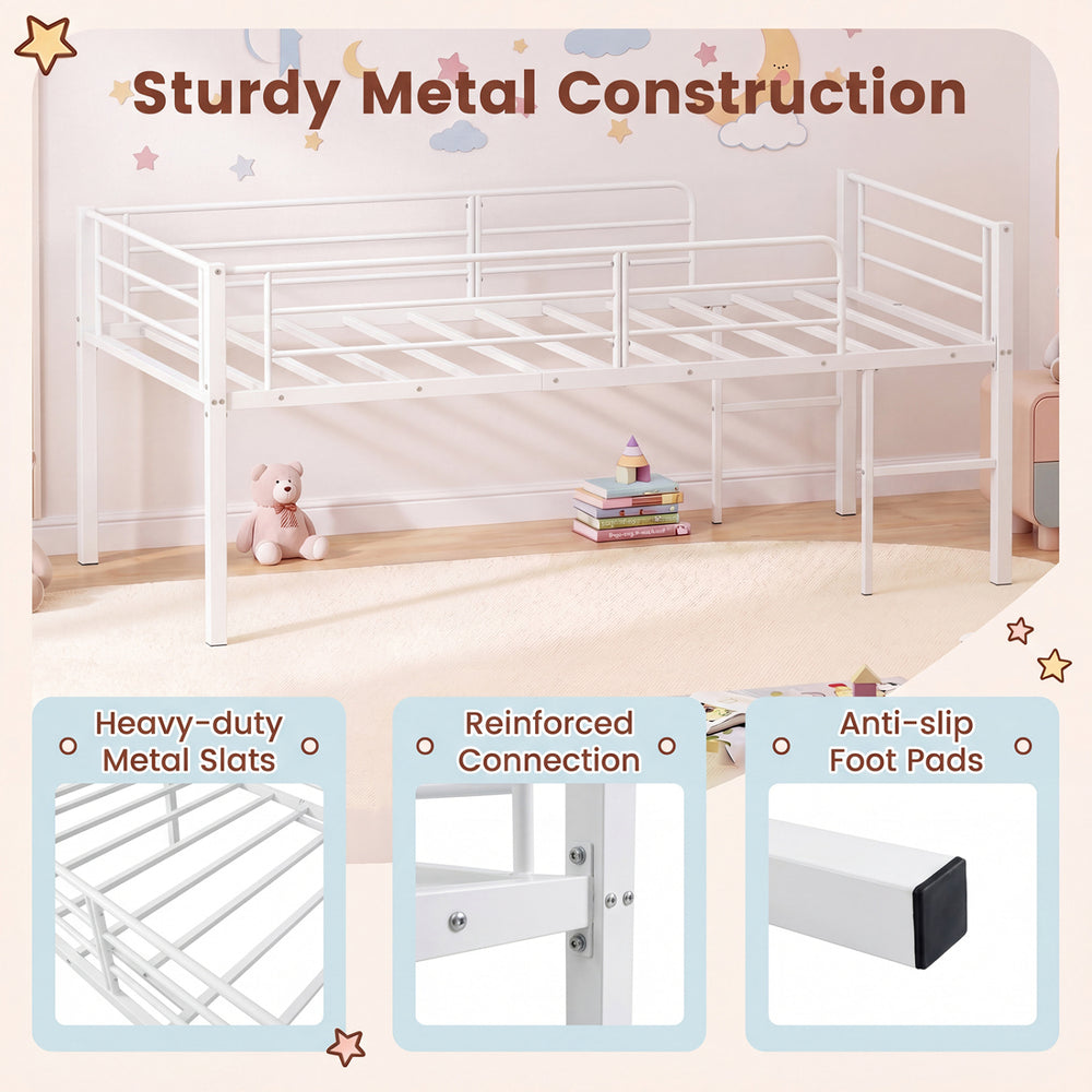 Twin size low loft bed in white with safety guardrails, two ladders, and sturdy metal construction for kids' safety.