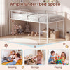 Twin size low loft bed in white with safety guardrails, two ladders, and 21.5" under-bed space for storage and play.