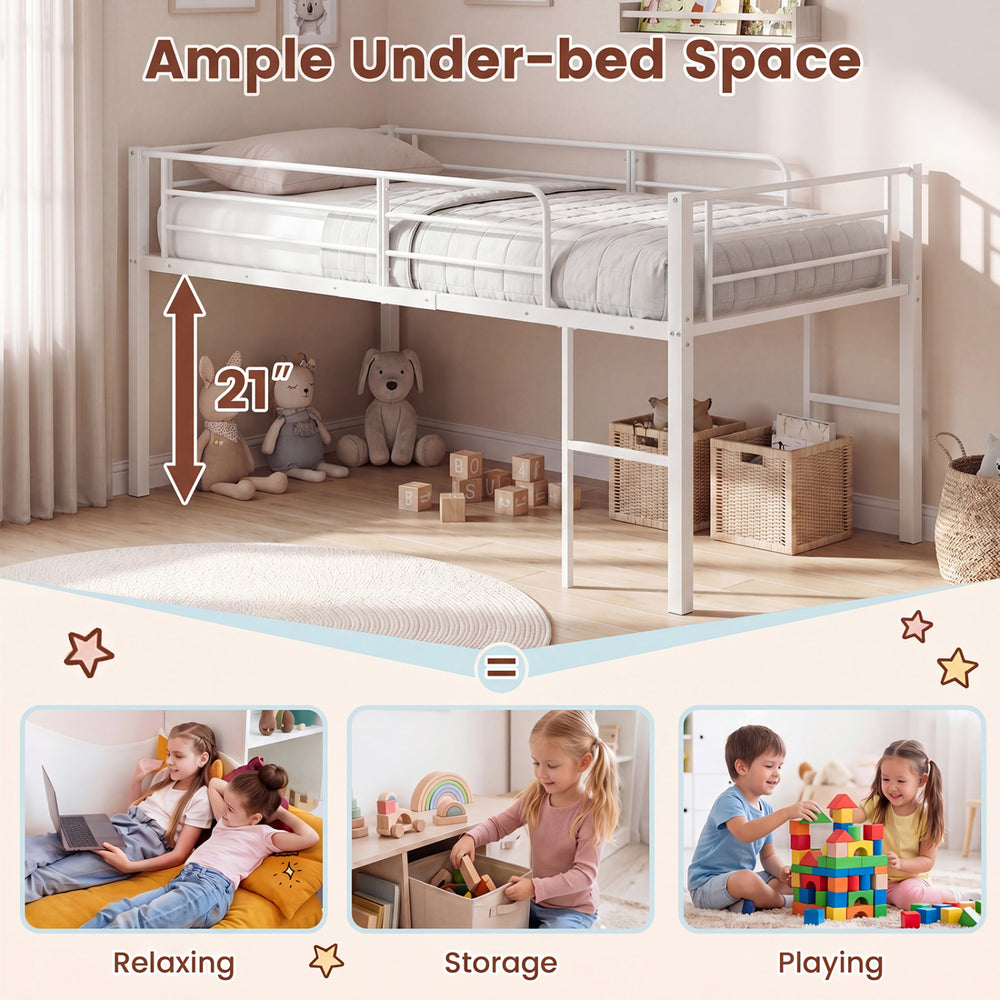 Twin size low loft bed in white with safety guardrails, two ladders, and 21.5" under-bed space for storage and play.